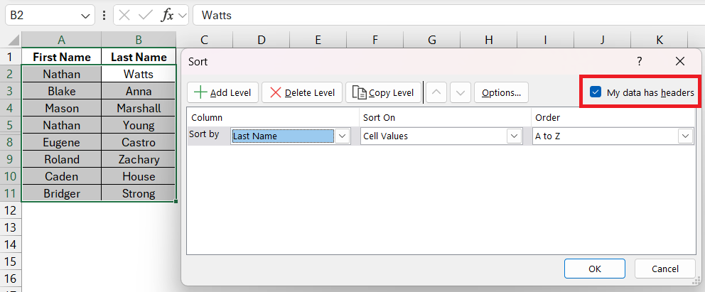 sort by name in excel