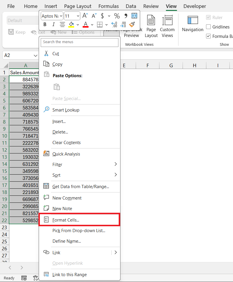 million format in excel