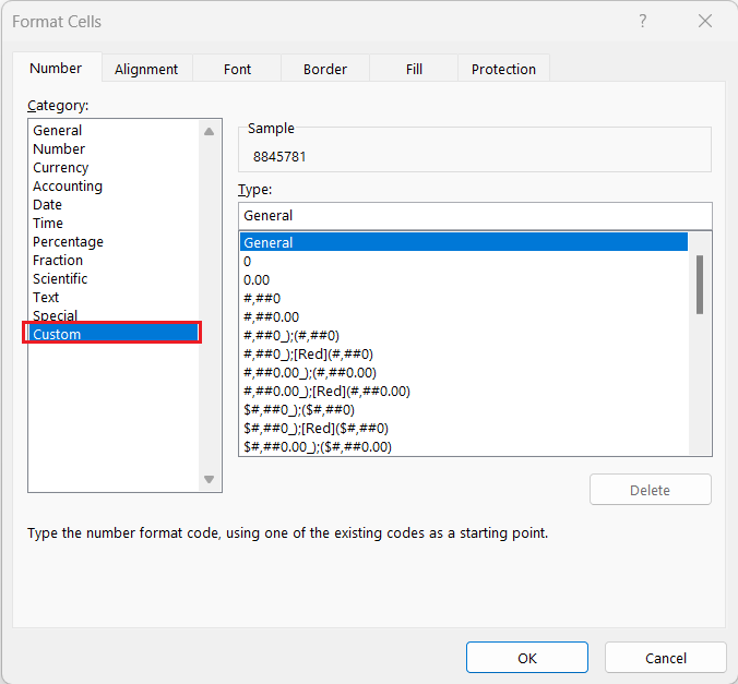 million format in excel