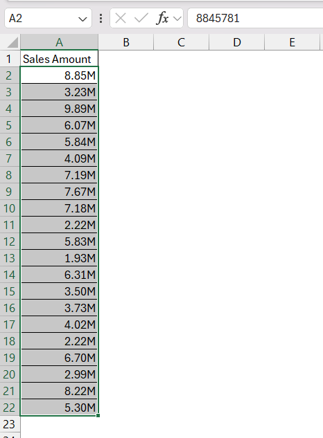 million format in excel