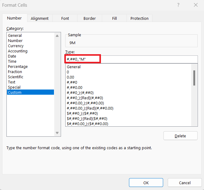 million format in excel