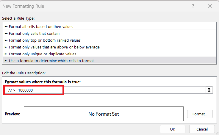 million format in excel