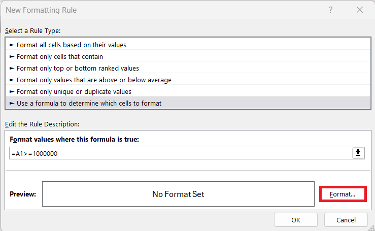 million format in excel