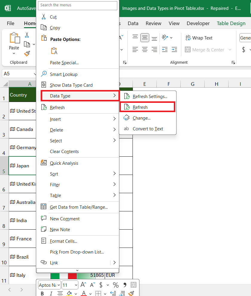 image and data type in pivot table