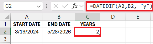years to days in excel