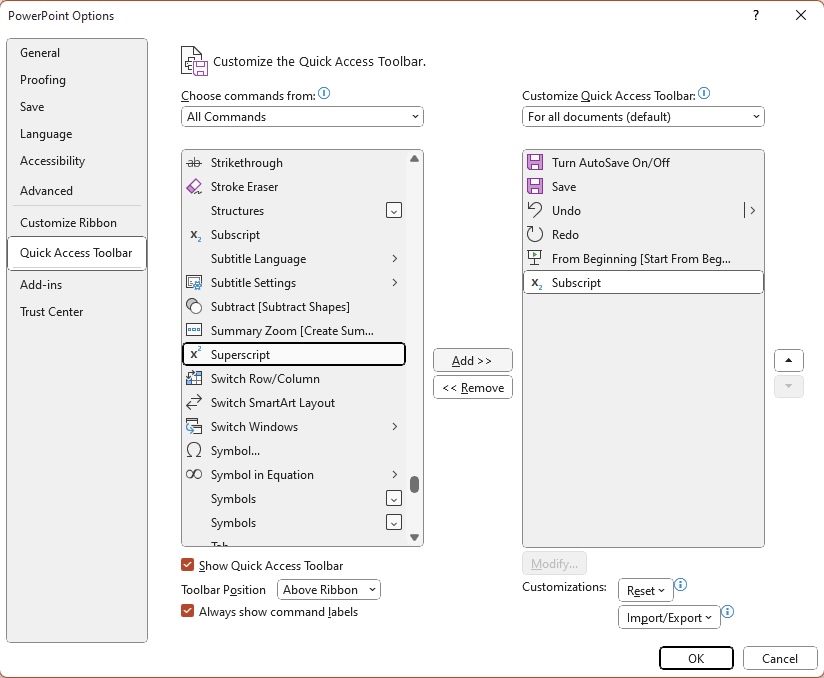 Superscript in powerpoint