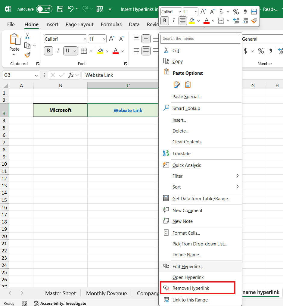 Hyperlink in Excel