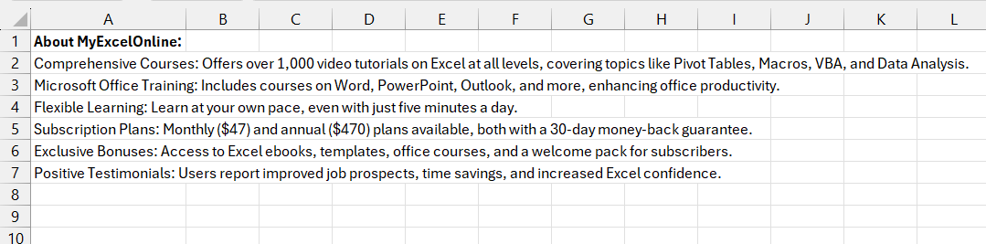 text spill in excel
