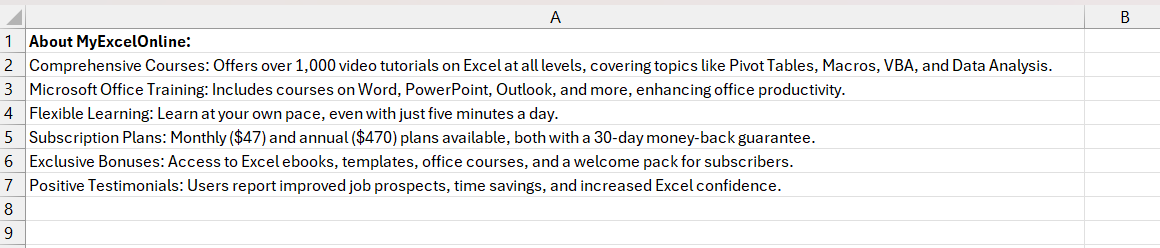 text spill in excel