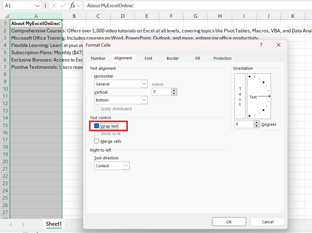 text spill in excel