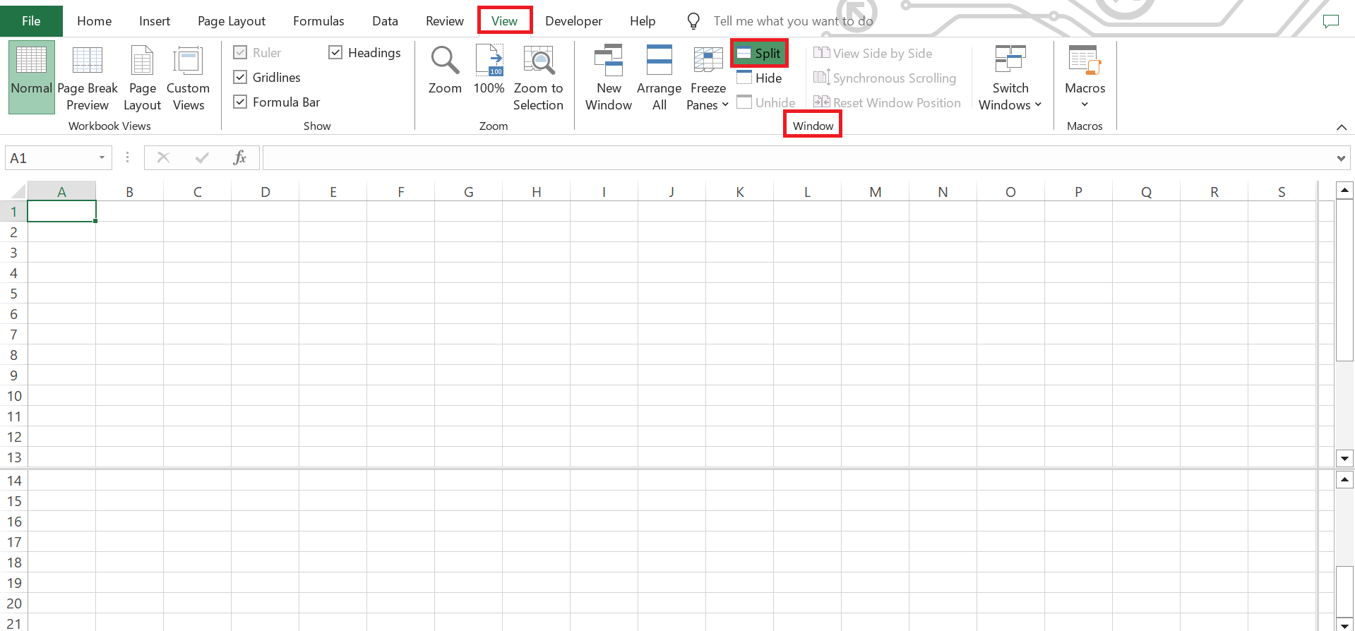 split screen in excel