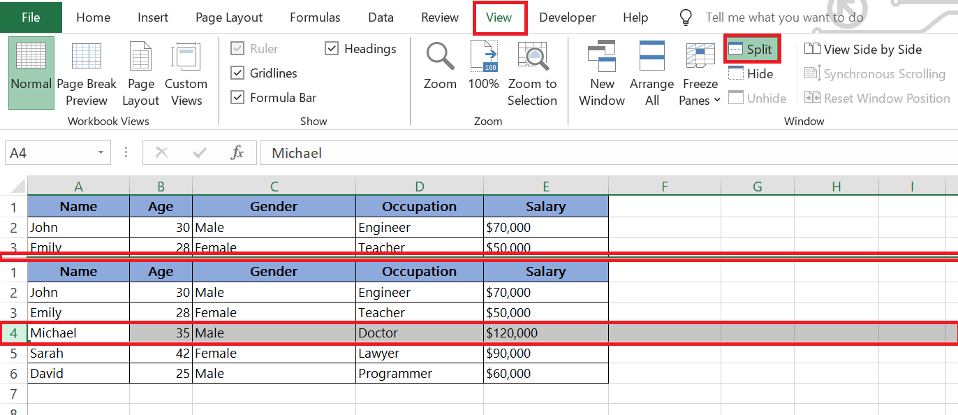 split screen in excel