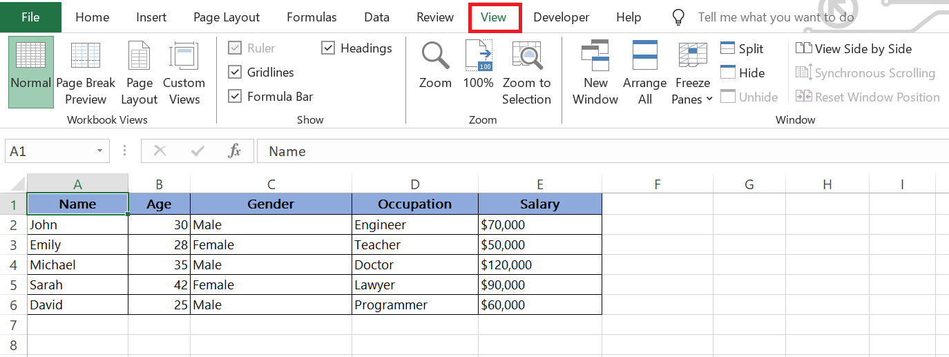 split screen in excel