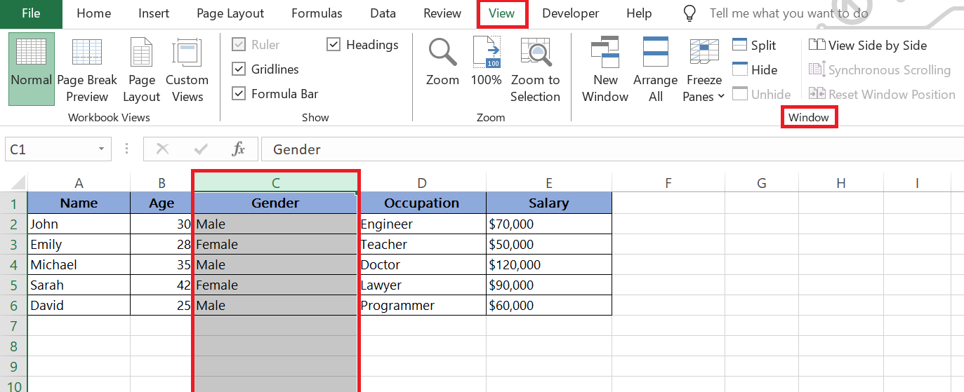 split screen in excel