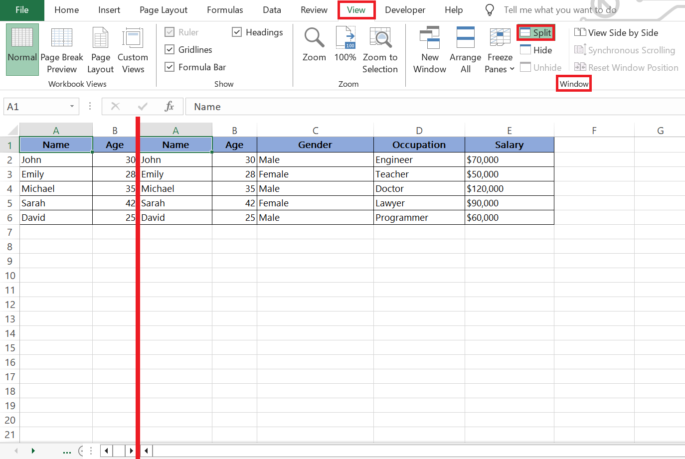 split screen in excel