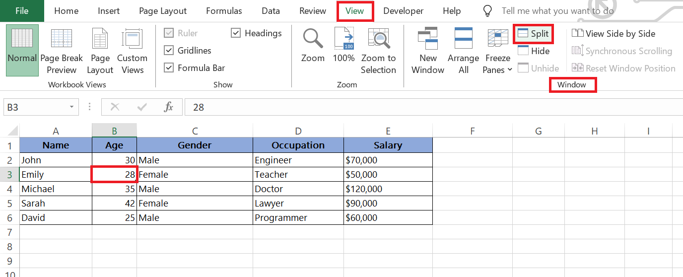 split screen in excel