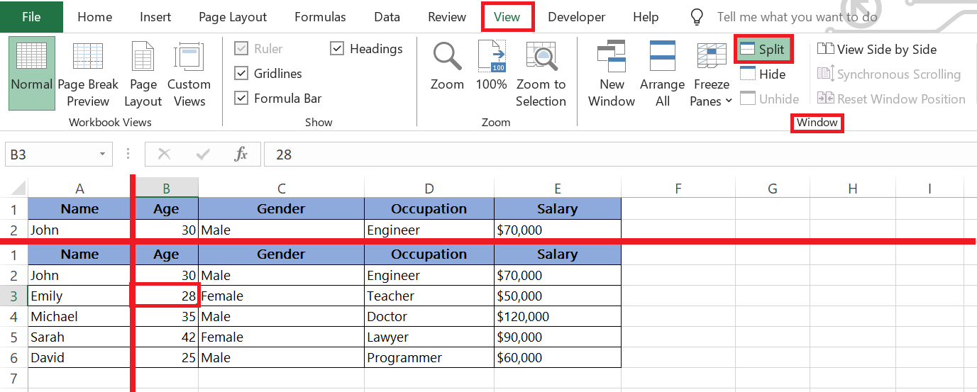 split screen in excel