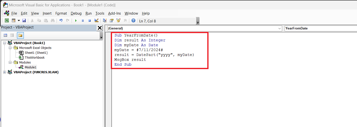 DATEPART in excel vba