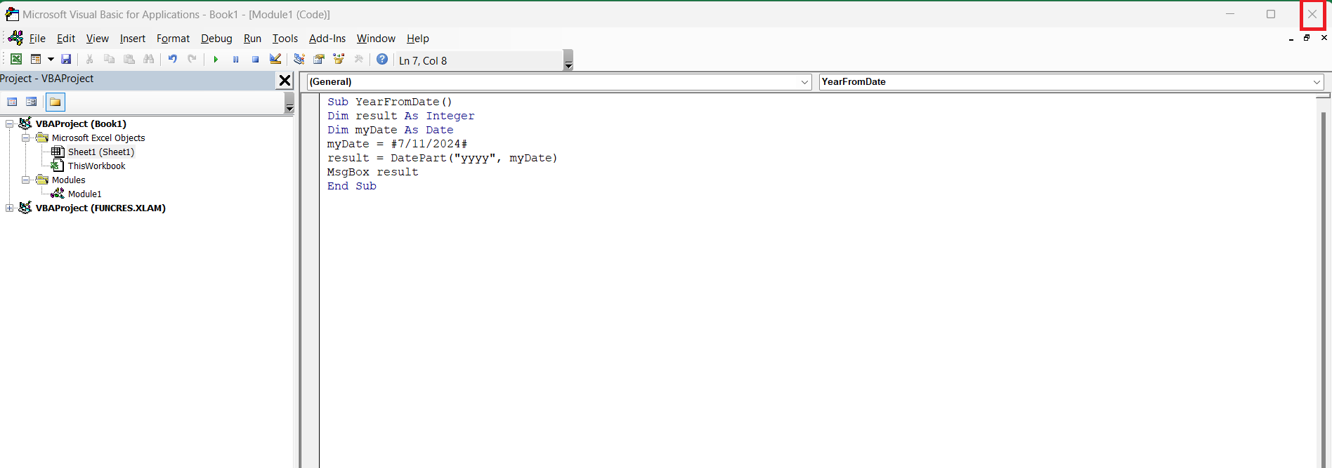 DATEPART in excel vba