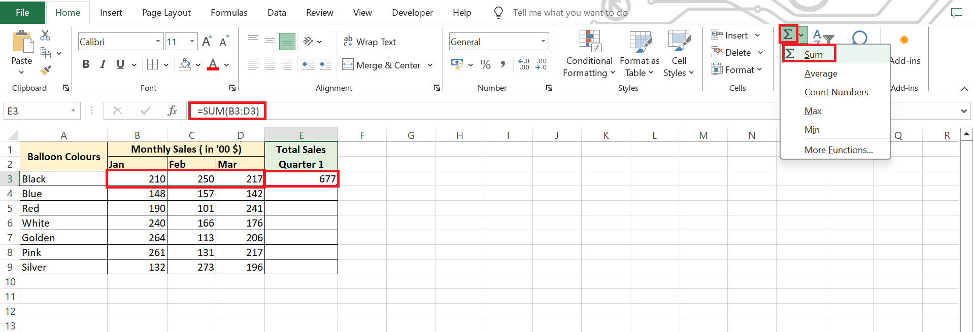 autosum in excel