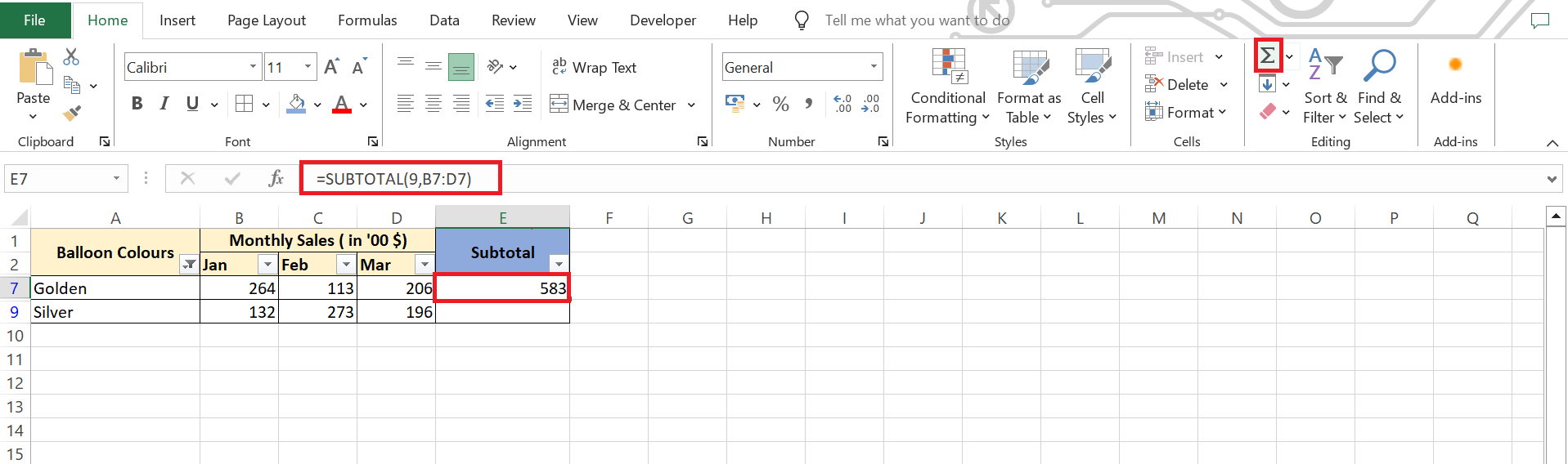 autosum in excel