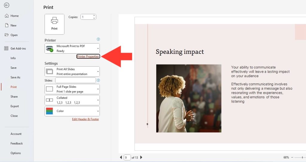 Powerpoint print size