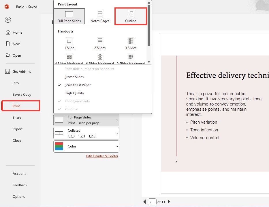 Print PowerPoint Outlines