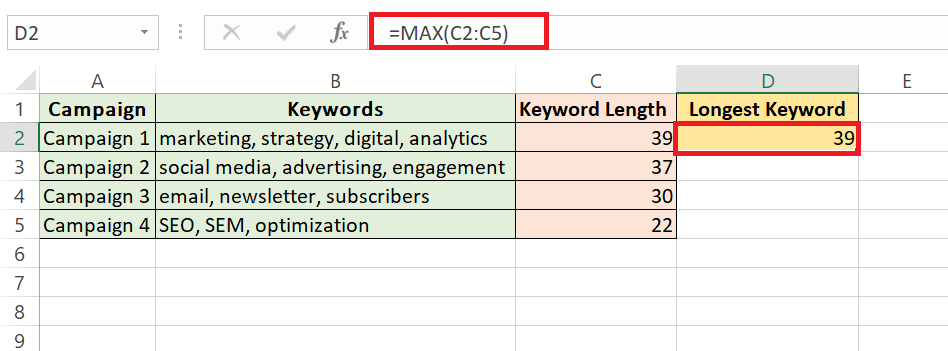 Find Longest Text in Excel