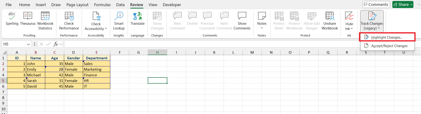 Track Changes in Excel