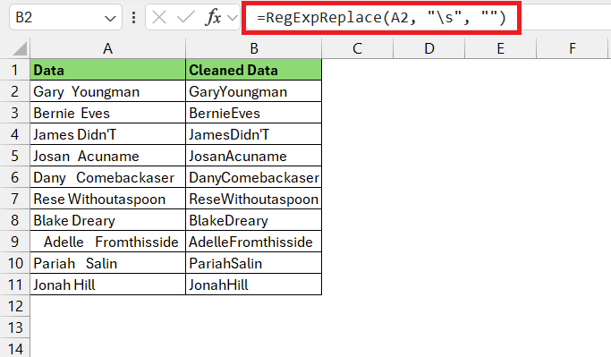Remove Whitespace in Regex Excel