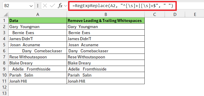 Remove Whitespace in Regex Excel