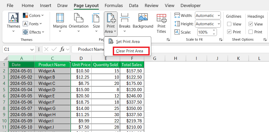 Set Print Area in Excel