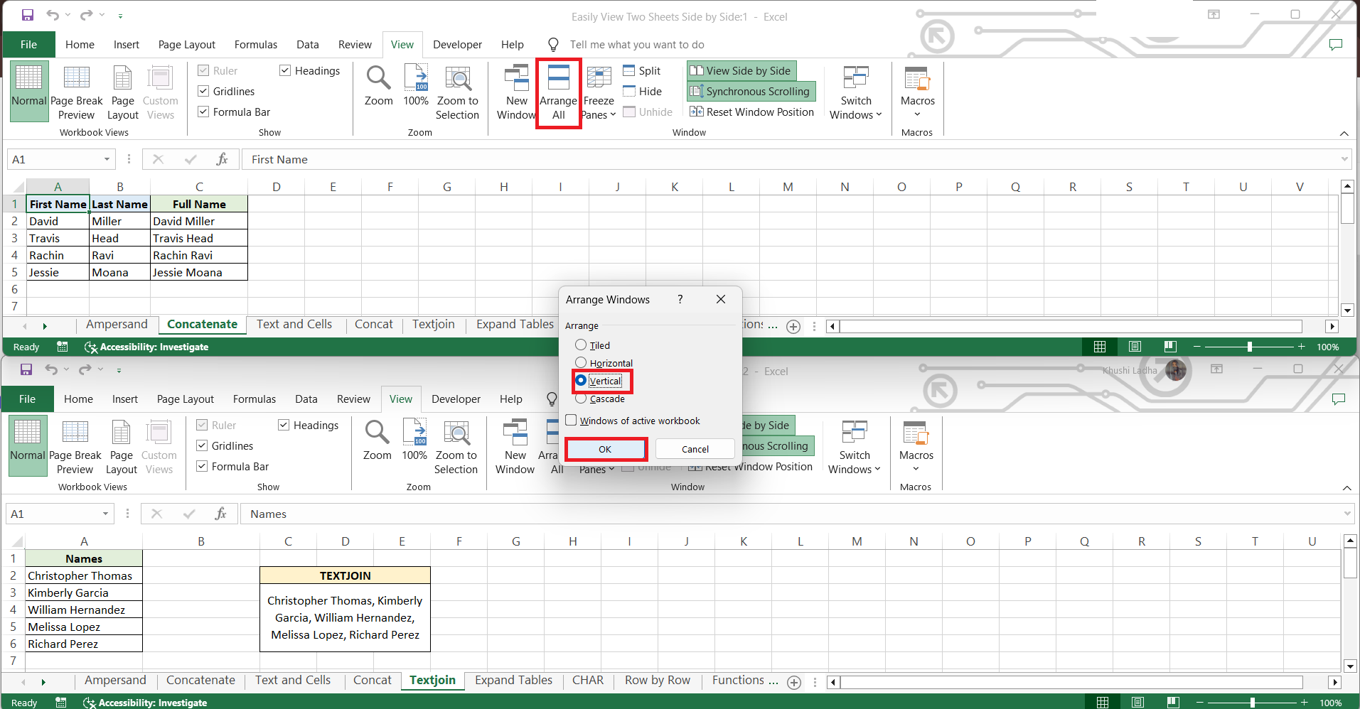 View Sheets Side by Side