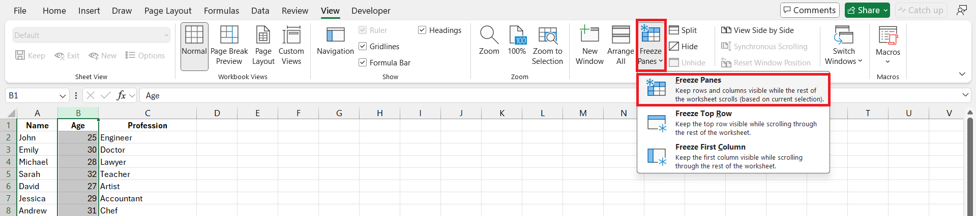 Freeze Panes in Excel