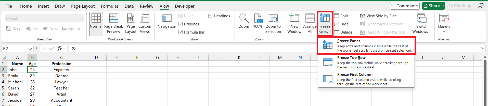 Freeze Panes in Excel