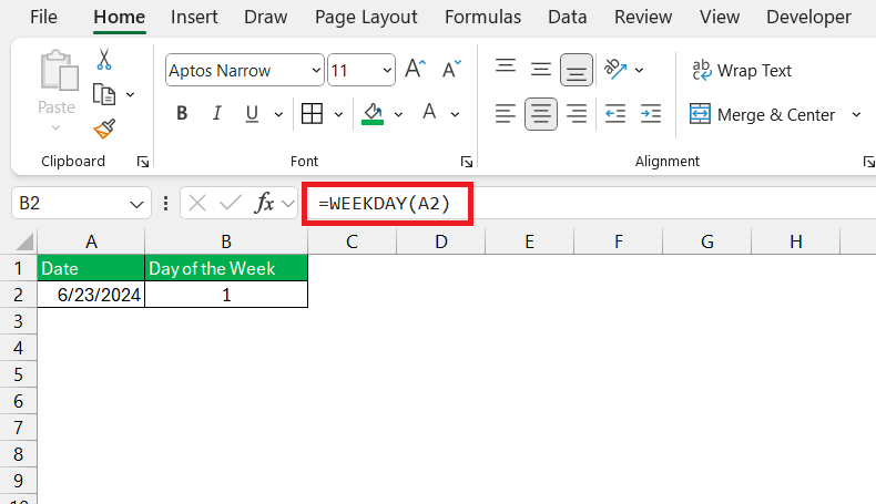 Day of Week Formula in Excel