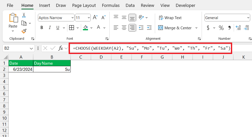 Day of Week Formula in Excel