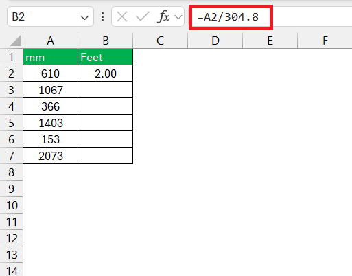 mm to Feet in Excel