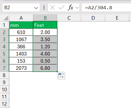 mm to Feet in Excel
