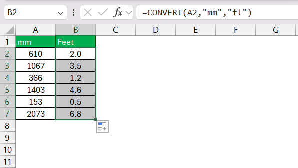mm to Feet in Excel