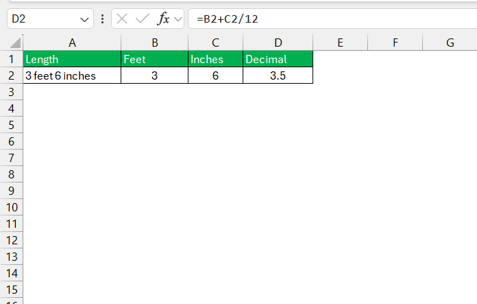 Inches to Decimal in Excel