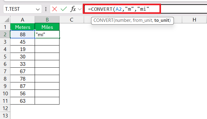 Meters to Miles in Excel