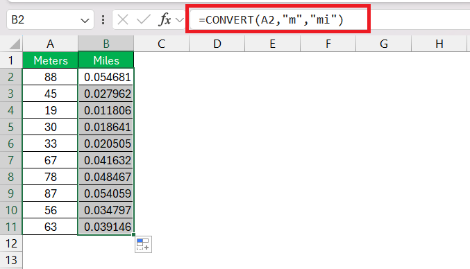 Meters to Miles in Excel