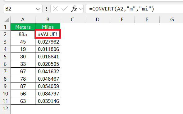 Meters to Miles in Excel