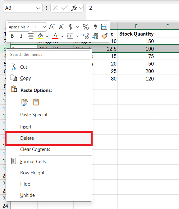 Deleting Rows in Excel