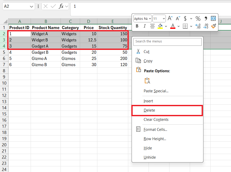 Deleting Rows in Excel