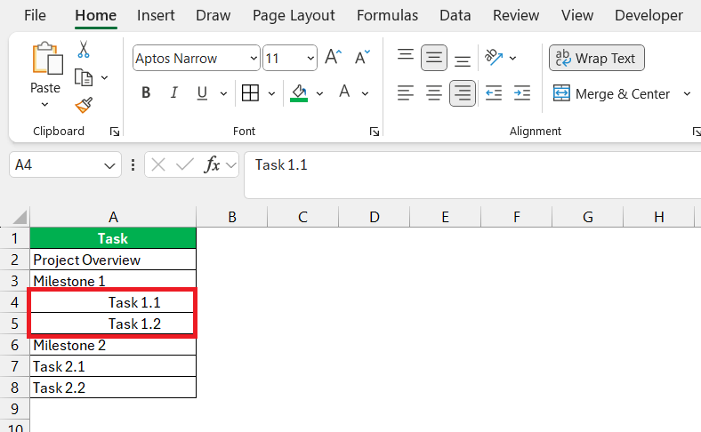 How to indent in Excel
