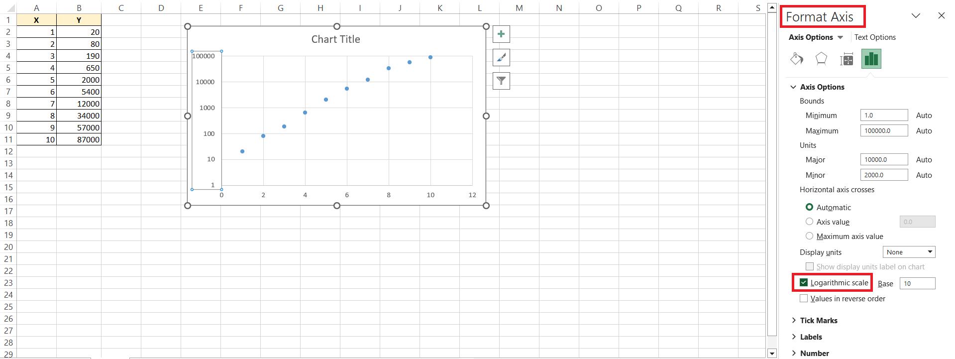 semi log graph in excel