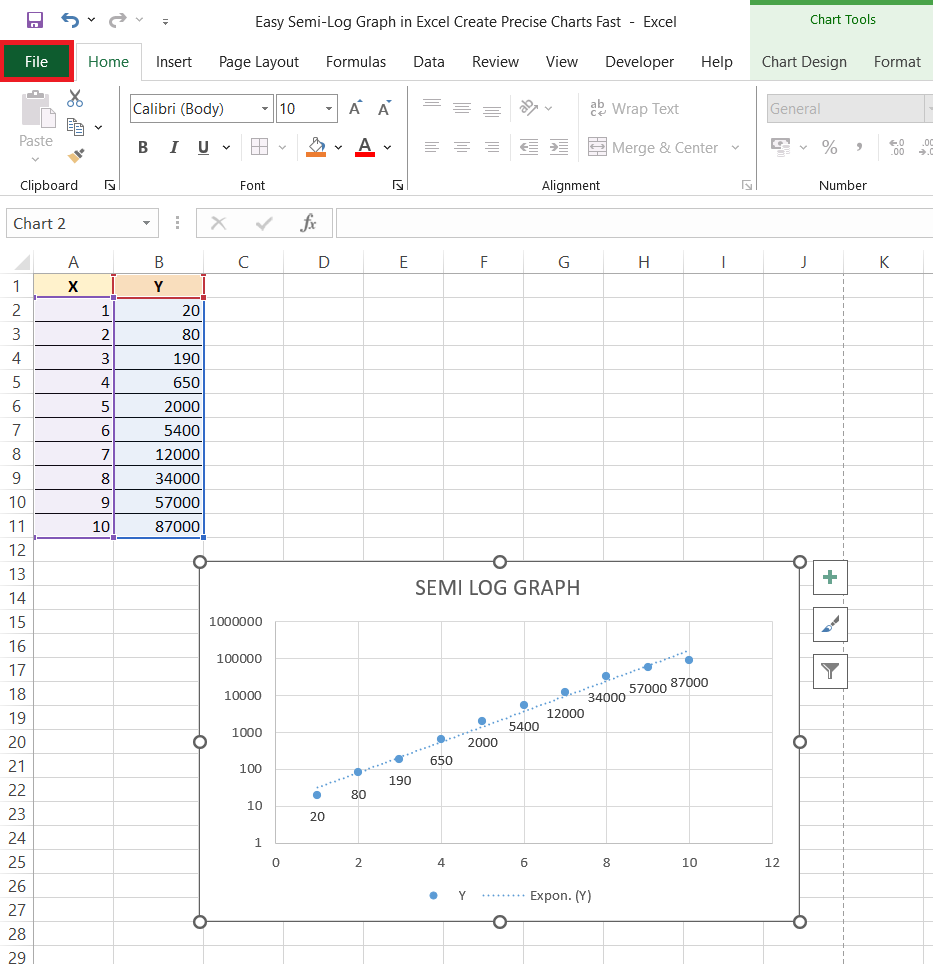 semi log graph in excel