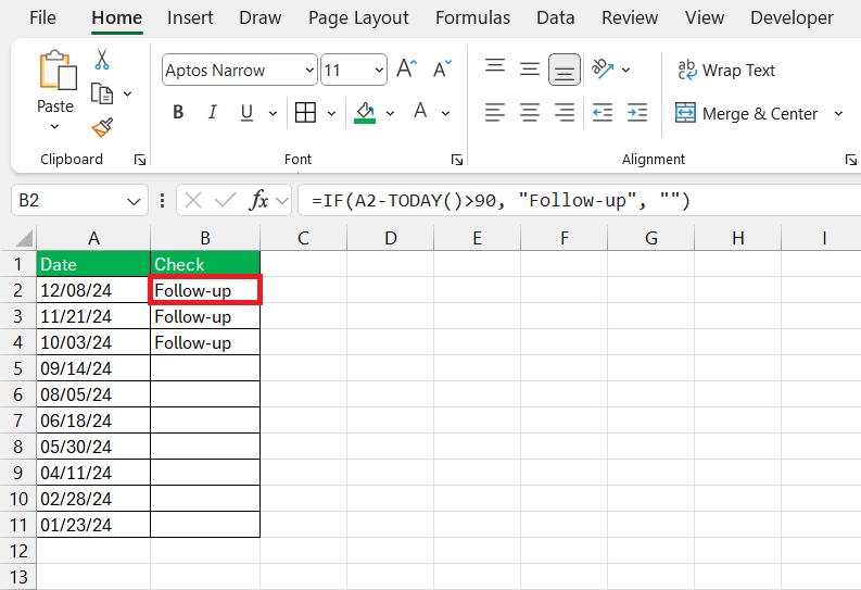 90 days from today in Excel
